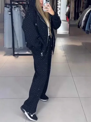 Completo Donna Casual Strass Felpa con Cappuccio Pantaloni a Gamba Larga Parte Superiore e Inferiore Stile Rilassato Autunno Inverno