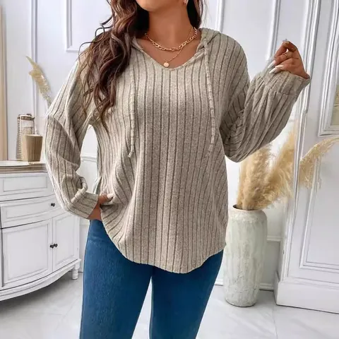 Maglietta a Coste da Donna Taglie Forti con Scollo a V e Cappuccio Poliestere Spandex Manica Lunga Vestibilità Larga Coulisse Top Tinta Unita Abbigliamento Casual