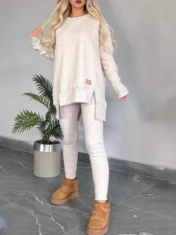 Women Casual Solid Color Crew Neck Long Sleeve Top And Bottom Slit Hem Loungewear Set For Autumn Winter