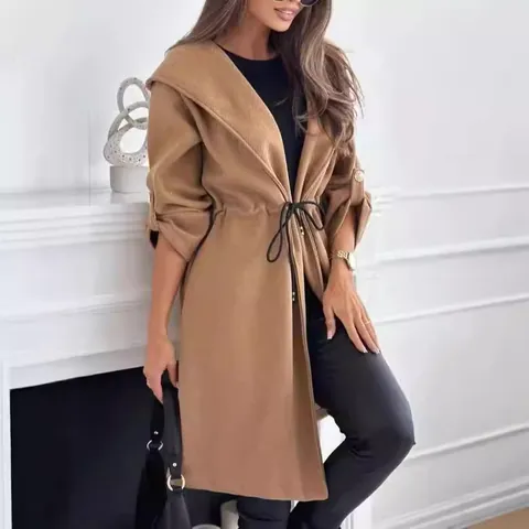 Women Hooded Trench Coat Long Sleeve Drawstring Waist Solid Color Casual European Style Outerwear Windbreaker Jacket