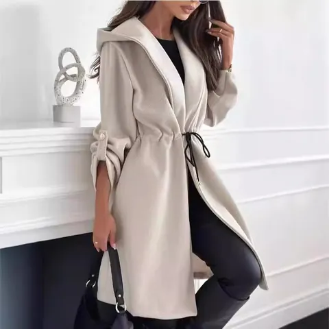Women Hooded Trench Coat Long Sleeve Drawstring Waist Solid Color Casual European Style Outerwear Windbreaker Jacket