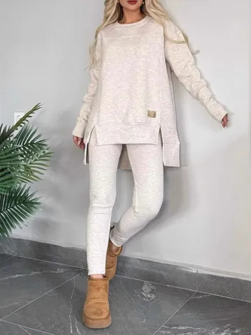 Women Casual Solid Color Crew Neck Long Sleeve Top And Bottom Slit Hem Loungewear Set For Autumn Winter