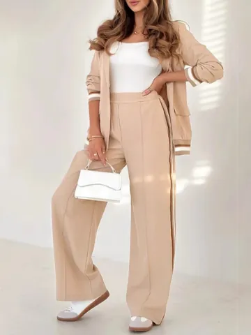 Women Ribbed Trim Blazer Wide Leg Pants Suit Solid Color Office Commuter Top And Bottom Casual Fashion Outfit