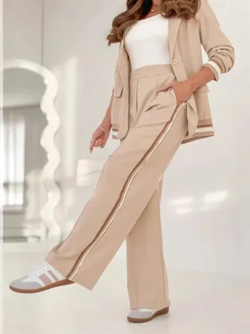 Women Ribbed Trim Blazer Wide Leg Pants Suit Solid Color Office Commuter Top And Bottom Casual Fashion Outfit