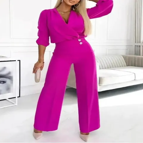 Damen Elegant Einfarbig V-Ausschnitt Top And Bottom Weites Bein Hose Büro Pendler Formelle Mode Lässig Top And Bottom