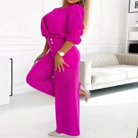 Damen Elegant Einfarbig V-Ausschnitt Top And Bottom Weites Bein Hose Büro Pendler Formelle Mode Lässig Top And Bottom