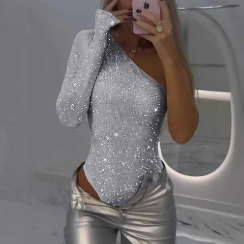 Women Sexy One Shoulder Rhinestone Sequined Bodysuit Long Sleeve Asymmetric Slim Fit Polyester Top For Party Clubwear