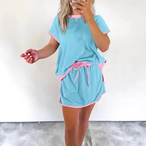 Conjunto De Mujer Top Y Bottom Casual De Manga Corta Hombros Caídos Camiseta De Poliéster Y Pantalones Cortos Con Cordón