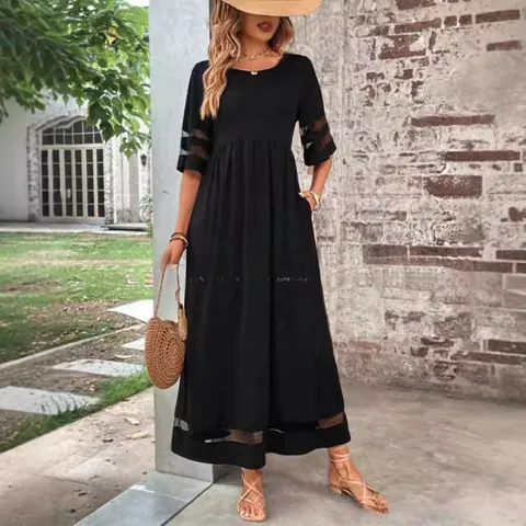 Women Plus Size Maxi Dress With Mesh Patchwork Elegant Round Neck Half Sleeve Dress With Pockets Solid Color Casual Long Dress