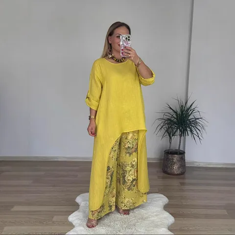 Women Casual Linen Polyester Top And Bottom Irregular Hem Long Top Retro Floral Wide Leg Pants Comfortable Fashion Outfit