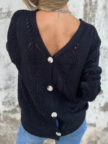 Damen Casual Polyester Hohlblatt V-Ausschnitt Strickpullover Locker Wendbar Langarm Pullover Herbst Winter Mode Top