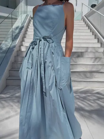 Women Fashion Sleeveless Sun Dress Polyester Solid Color With Waist Tie And Pockets Summer Casual Maxi Dress For Vacation