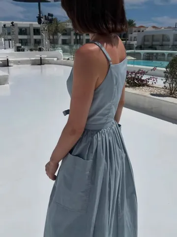 Women Fashion Sleeveless Sun Dress Polyester Solid Color With Waist Tie And Pockets Summer Casual Maxi Dress For Vacation