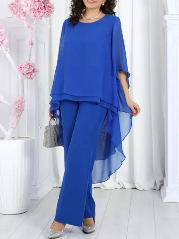 Dames Casual Chiffon Boven- En Onderkant Set Asymmetrische Lagen Blouse Met Wijde Pijpen Broek Effen Kleur Elegante Outfits