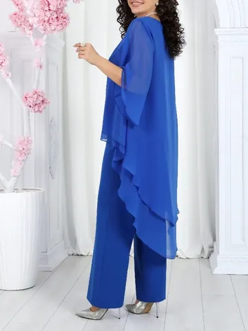 Dames Casual Chiffon Boven- En Onderkant Set Asymmetrische Lagen Blouse Met Wijde Pijpen Broek Effen Kleur Elegante Outfits