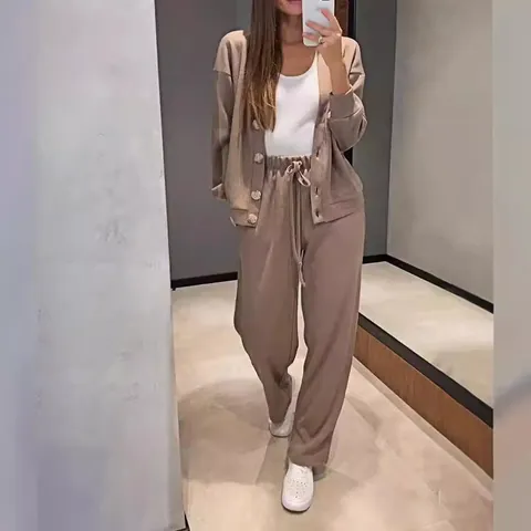 Conjunto Casual de Dos Piezas para Mujer en Algodón Orgánico Top Y Bottom Chaqueta de Punto con Cuello en V Y Pantalones Deportivos Anchos