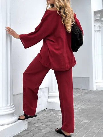 Ensemble Deux Pièces en Polyester Décontracté pour Femmes Haut à Col Rond et Manches Courtes et Pantalon Large