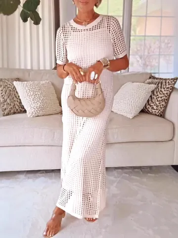 Damen Europäisch Minimalistisch Durchbrochenes Netz Kleid-Set Zweiteiliges Rundhals Halbarm Einfarbig Maxi Kleid Für Strand Urlaub