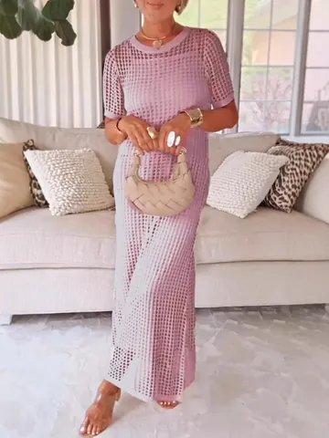 Damen Europäisch Minimalistisch Durchbrochenes Netz Kleid-Set Zweiteiliges Rundhals Halbarm Einfarbig Maxi Kleid Für Strand Urlaub