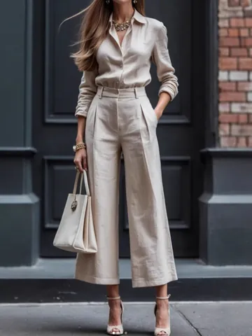 Set da Donna Elegante con Top Cardigan a Maniche Lunghe e Bottoni e Pantaloni a Gamba Larga Tinta Unita Ufficio Top And Bottom