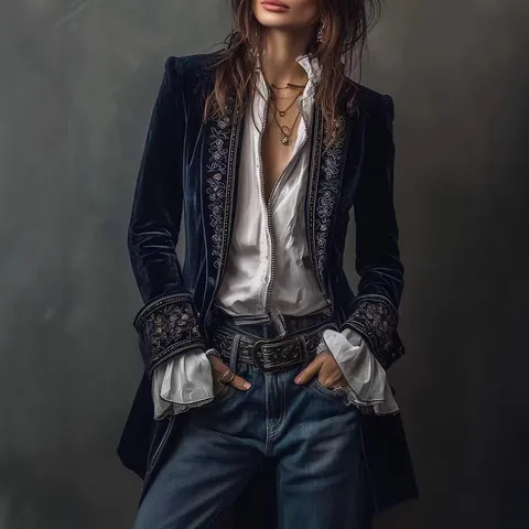 Veste en Velours Style Palais Vintage pour Femmes Manches Longues Broderie Florale Épissage Dentelle Boho Vêtement Extérieur