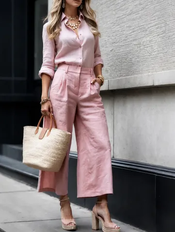 Set da Donna Elegante con Top Cardigan a Maniche Lunghe e Bottoni e Pantaloni a Gamba Larga Tinta Unita Ufficio Top And Bottom