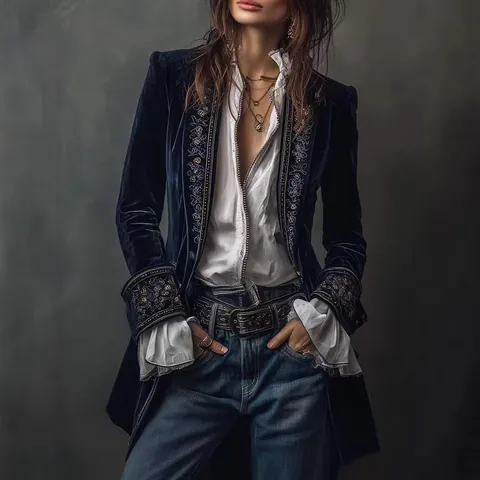 Veste en Velours Style Palais Vintage pour Femmes Manches Longues Broderie Florale Épissage Dentelle Boho Vêtement Extérieur