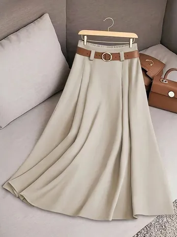 Women's High Waist Pleated A-Line Skirt Mid-Length Solid Color Casual Skirt With Belt Autumn Fashion Polyester Skirt For Women
