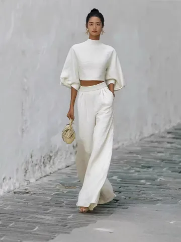 Γυναικείο Casual Σετ Πολυεστέρα Δύο Τεμαχίων Top And Bottom Ψηλόμεσο Φαρδύ Παντελόνι Φουσκωτό Μανίκι Ρούχα Διακοπών