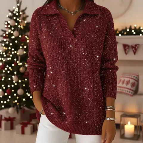 Maglione in Maglia Glitterata da Donna Collo Polo a V Maniche Lunghe Pullover Lucido con Paillettes Casual Top Autunno Inverno Abbigliamento per Feste