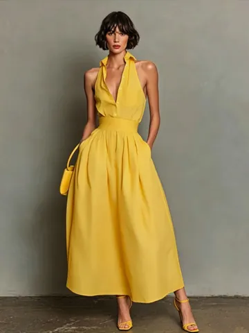 Robe Longue Élégante pour Femmes Sans Manches Col Chemise Taille Haute Grande Jupe Trapèze Robe Longue Couleur Unie Décontractée