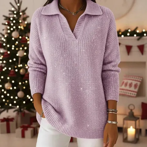 Maglione in Maglia Glitterata da Donna Collo Polo a V Maniche Lunghe Pullover Lucido con Paillettes Casual Top Autunno Inverno Abbigliamento per Feste