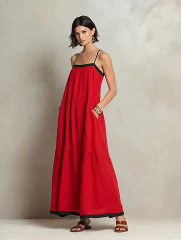 Women Retro Contrast Binding Tiered Maxi Dress Sling Sleeveless Tiered Cake Dress With Side Pockets Summer Beach Vacation Dress