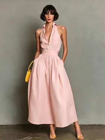 Robe Longue Élégante pour Femmes Sans Manches Col Chemise Taille Haute Grande Jupe Trapèze Robe Longue Couleur Unie Décontractée