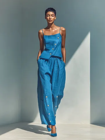 Women Elegant Polyester Two-Piece Outfit Diagonal Button Camisole Top And Wide Leg Pants Solid Color Casual Commuter Suit