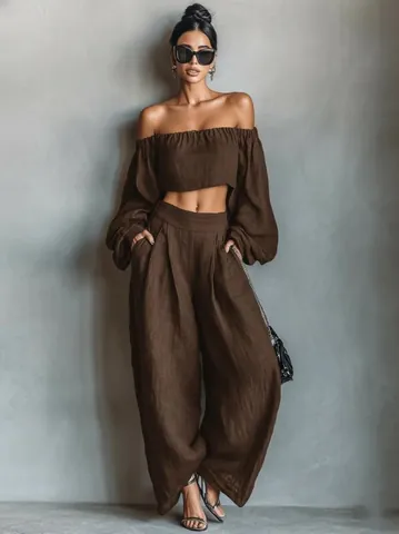 Elegant Casual Women Top And Bottom Solid Color Off Shoulder Crop Top Wide Leg Pants Long Sleeve Vacation Outfit