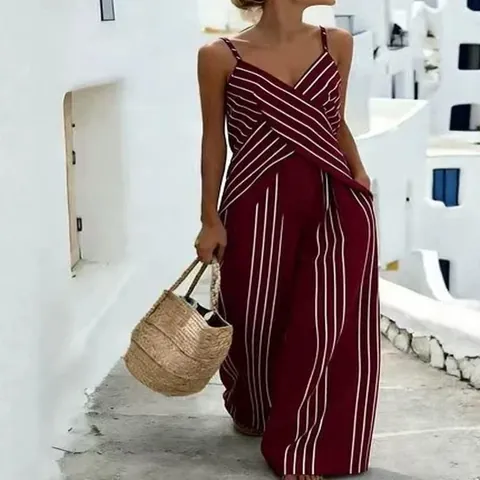 Women Striped V-Neck Cami Top And Wide Leg Pants Two Piece Set Casual Vacation Sleeveless Bohemian Style Outfit