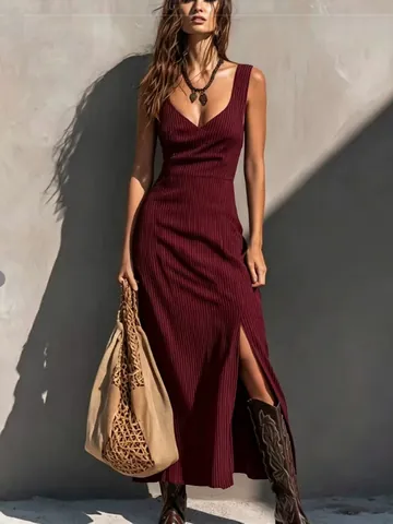 Women French Vintage Square Neck Ribbed Knit Maxi Dress Sleeveless Slim Bodycon Dress With Side Split Elegant Summer Robe