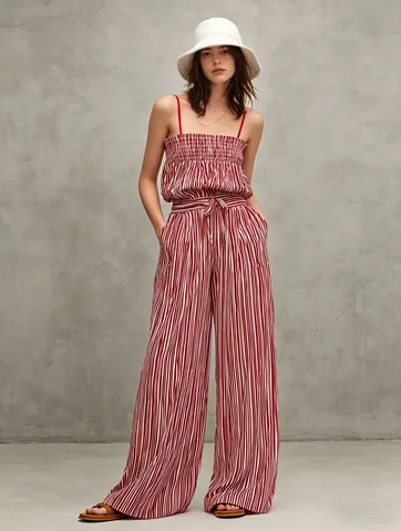 Women Striped Two Piece Set Casual Strapless Smocked Top And Wide Leg Pants Fashion Streetwear Outfits Vacation Wear Top And Bottom