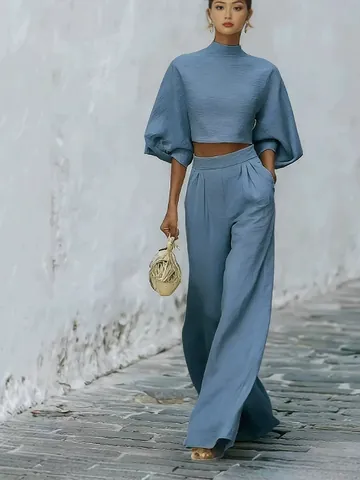 Γυναικείο Casual Σετ Πολυεστέρα Δύο Τεμαχίων Top And Bottom Ψηλόμεσο Φαρδύ Παντελόνι Φουσκωτό Μανίκι Ρούχα Διακοπών