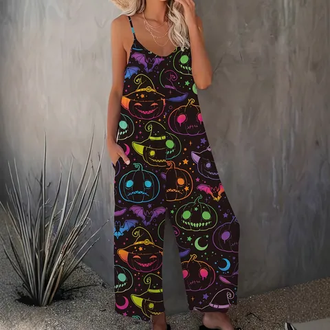 Damen Ärmellos Jumpsuit Halloween Weihnachten Lustiger Druck Weites Bein Casual Festlich Holiday Einteiler Mit Taschen