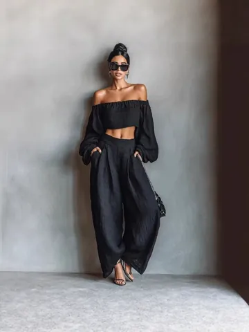 Elegant Casual Women Top And Bottom Solid Color Off Shoulder Crop Top Wide Leg Pants Long Sleeve Vacation Outfit