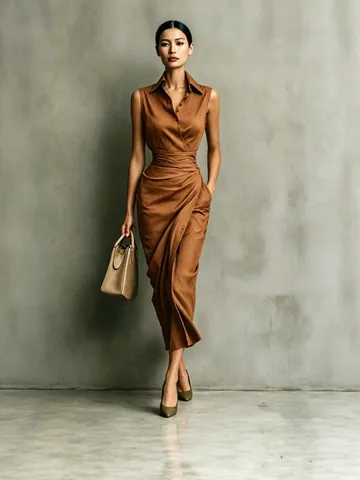 Elegant Sleeveless Polyester Shirt Dress Women Summer Slim Fit Asymmetric Draped Waist Button Down Commuter Midi Dress