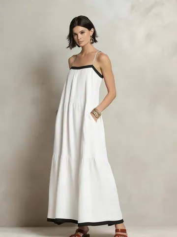 Women Retro Contrast Binding Tiered Maxi Dress Sling Sleeveless Tiered Cake Dress With Side Pockets Summer Beach Vacation Dress