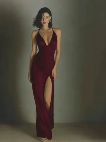 Women's Elegant Deep V-Neck Sling Satin Maxi Dress Backless High Slit Slim Fit Polyester Banquet Evening Gown