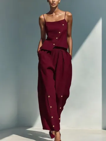 Women Elegant Polyester Two-Piece Outfit Diagonal Button Camisole Top And Wide Leg Pants Solid Color Casual Commuter Suit