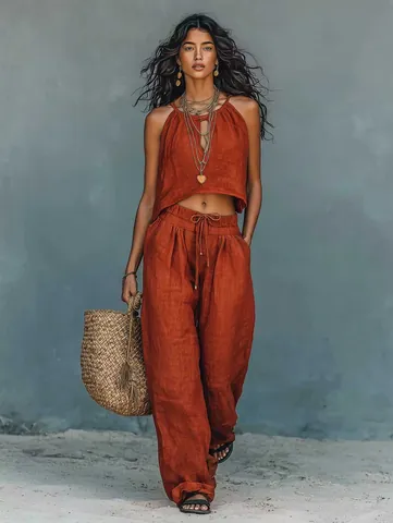 Women Bohemian Halter Crop Top And Wide Leg Pants Two Piece Set Summer Casual Vacation Polyester Top And Bottom Outfit