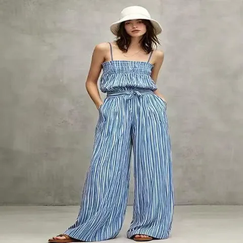 Women Striped Two Piece Set Casual Strapless Smocked Top And Wide Leg Pants Fashion Streetwear Outfits Vacation Wear Top And Bottom