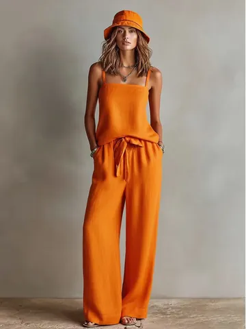 Women Casual Two Piece Set Solid Color Sleeveless Camisole Top And Wide Leg Pants Fashion Boho Loose Summer Outfit