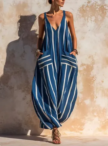 Women's Casual Vertical Stripe Jumpsuit V Neck Spaghetti Strap Wide Leg Loose Polyester Summer Vacation Top And Bottom